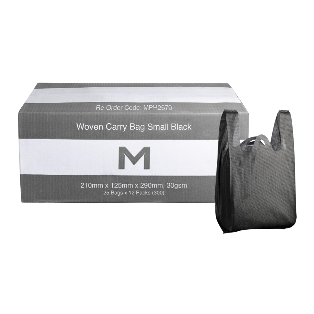 Woven Carry Bag Small - Black, 210mm x 125mm x 290mm, 30gsm (300 Bags)
