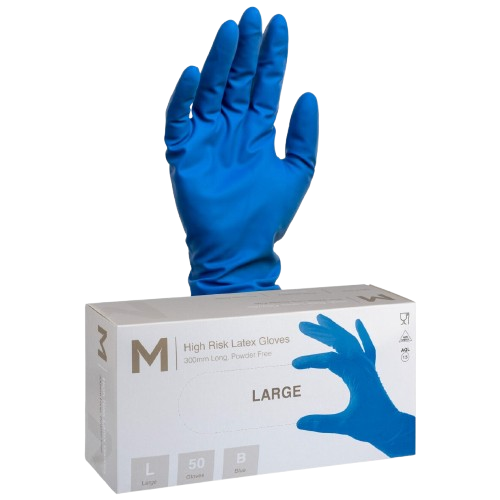 High Risk Disposable Latex Gloves, Heavy Duty , Blue, Large, 300mm (50)
