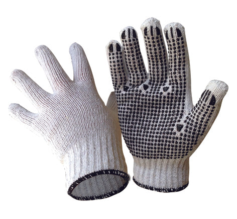 Polycotton Knit Gloves, Black Dots, White, Large