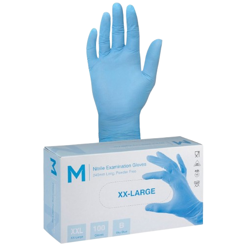 Disposable Nitrile Gloves, Powder Free, Blue, 2XL, 240mm (100)