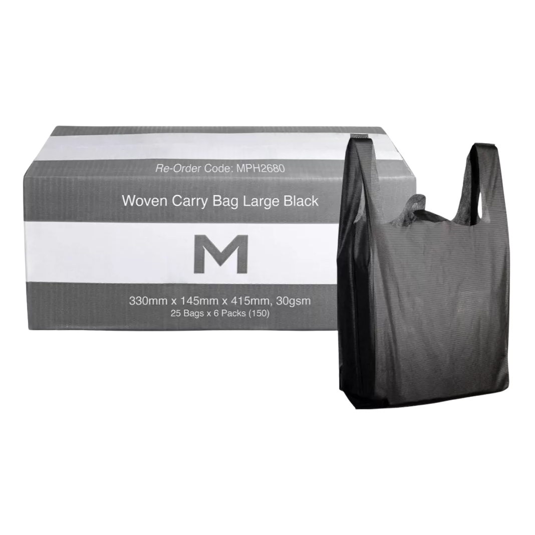 Woven Carry Bag Large - Black, 330mm x 145mm x 415mm, 30gsm (150)