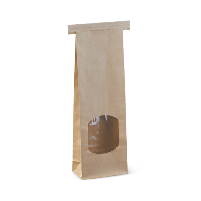 Tin Tie Paper Bag, Window, Brown, 260mm x 88mm x 47mm (500)