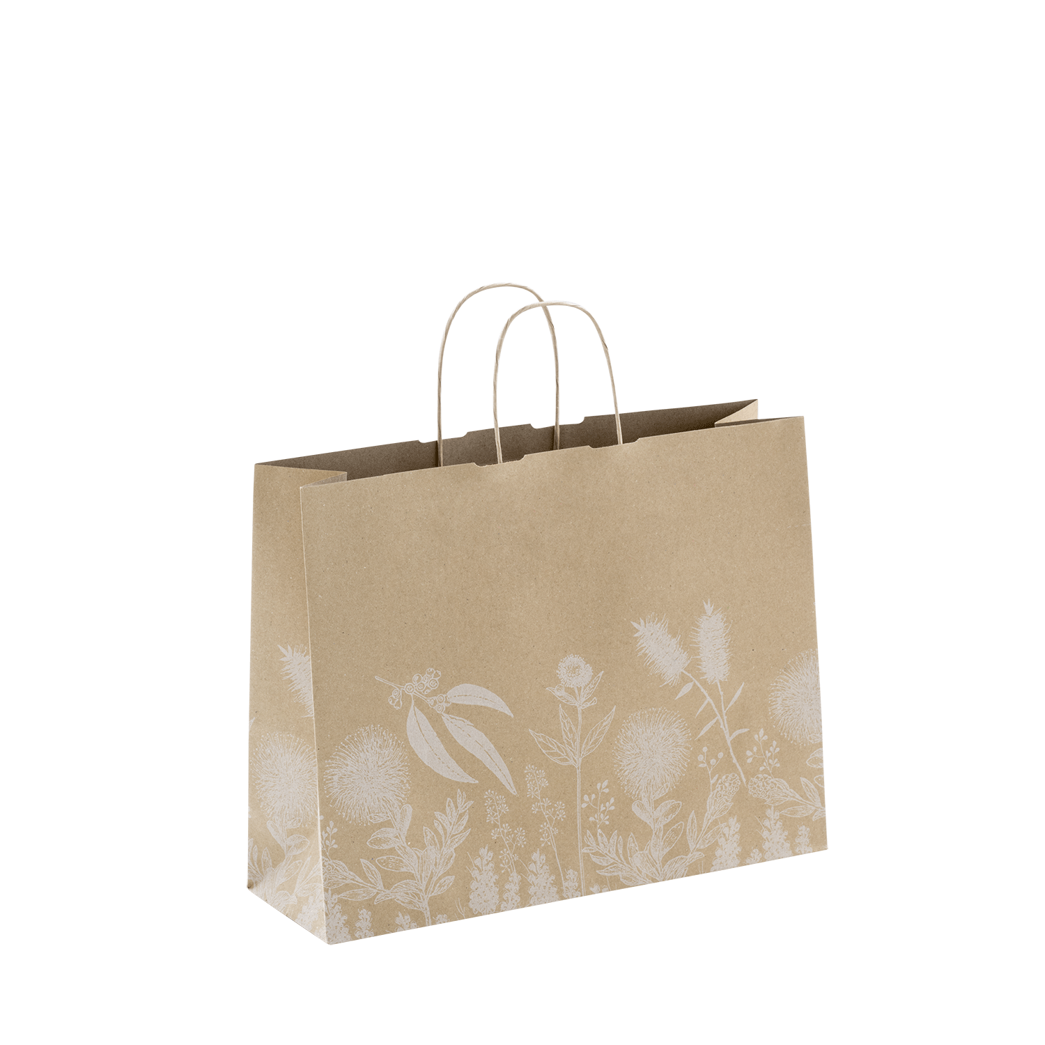 Eco-friendly kraft paper bag with floral design and twisted handles for retail packaging