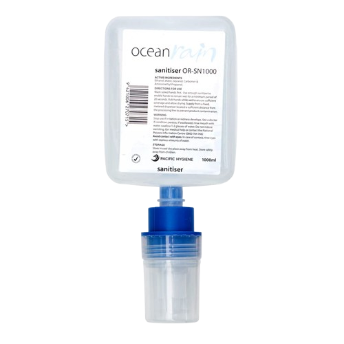 Ocean Rain 1000ml hand sanitiser refill for dispensers, Pacific Hygiene brand, clear bottle with blue pump