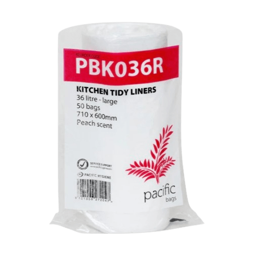 36l Kitchen Tidy Rubbish Bag, Peach Scented, White, 710mm x 600mm 10mu (50) - NZ Packaging