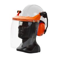 Hard Hat Clear Visor Combo Including White Pinlock Hard Hat, Ear Muffs, Browguard Attachment, And Clear Visor