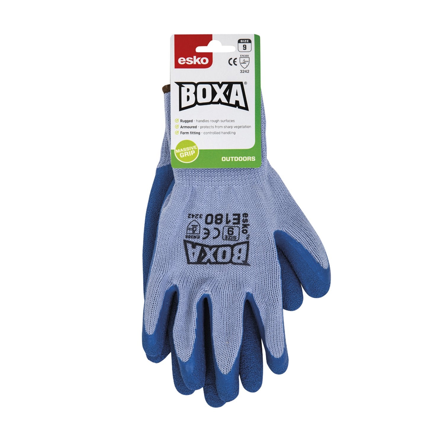 Esko Boxa Blue Heavy Duty Crinkle Coat Latex Glove, Blue 10 Gauge Liner, Grey Cuff, With Header Card