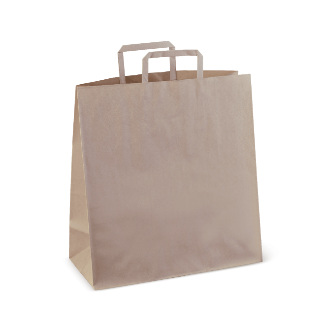 Brown kraft paper shopping bag with flat handles, ideal for retail packaging and eco-friendly branding.