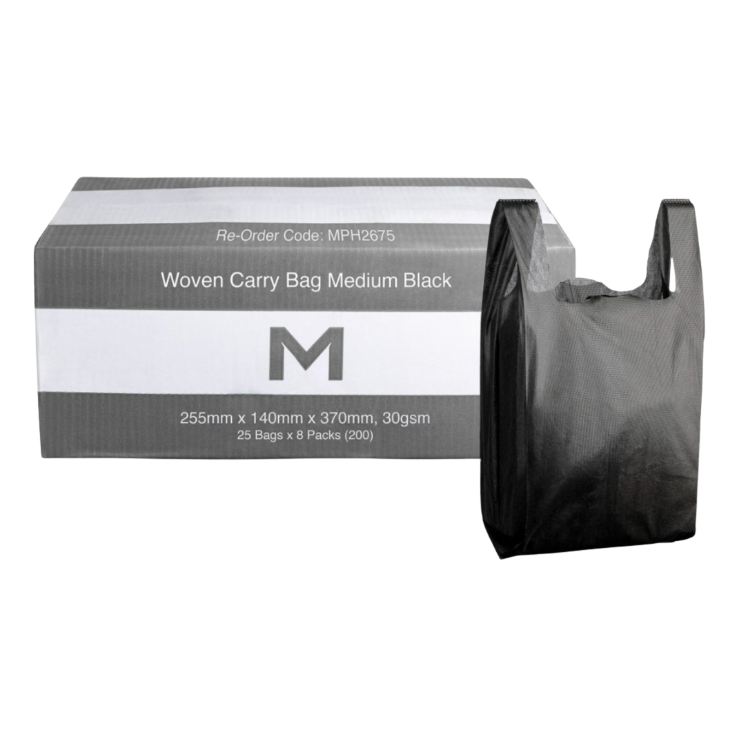 Woven Carry Bag Medium - Black, 255mm x 140mm x 370mm, 30gsm (200)
