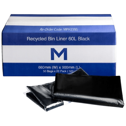 60L Recycled bin Liner, Black, 600 x 900 20mu - NZ Packaging