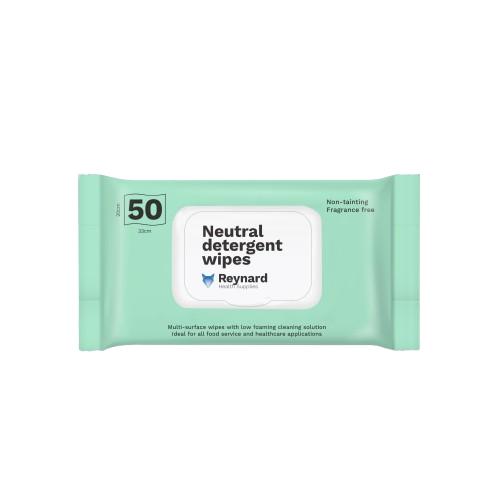 Neutral detergent wipes, 50-count, fragrance-free, non-tainting, ideal for food service & healthcare