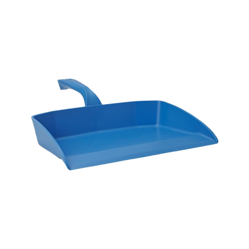 Blue plastic dustpan with handle for cleaning and janitorial supplies