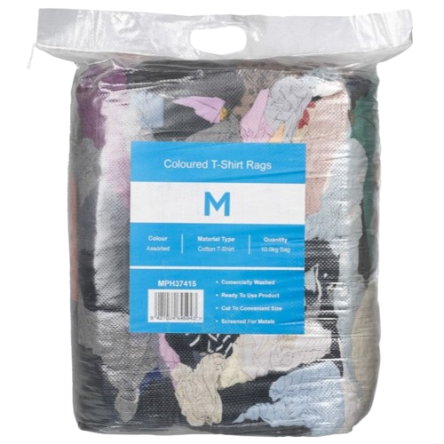 Coloured T-Shirt Rags in clear packaging, assorted cotton, medium size, ready to use for cleaning