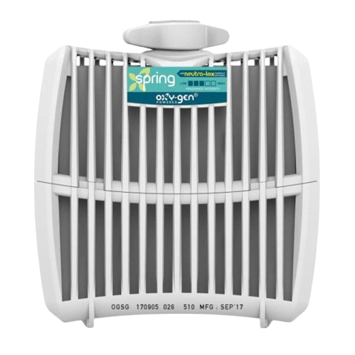 Spring Oxy-Gen water filter with Neutra-Lex label, white plastic housing, vertical slats, and manufacturing details