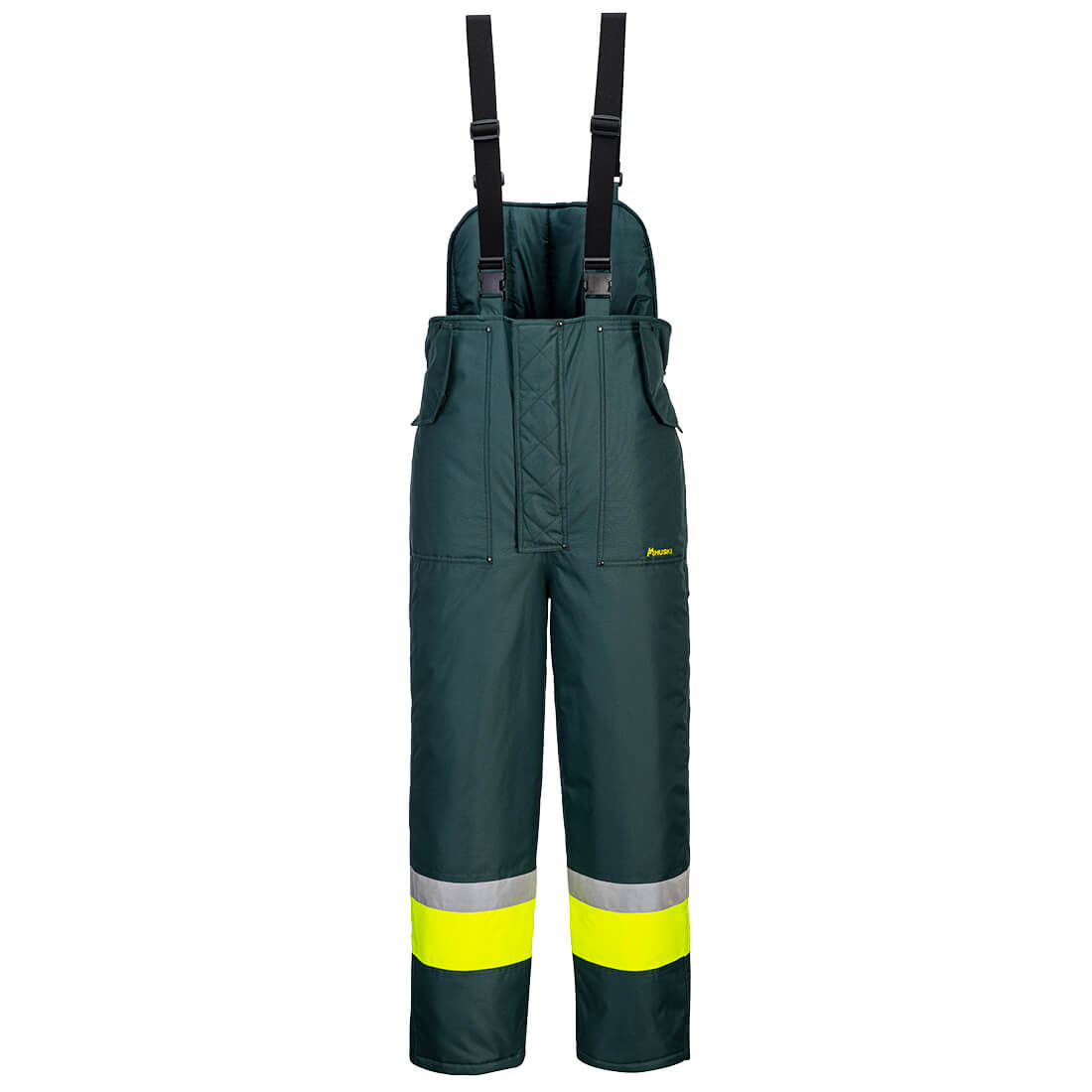 Huski Hi-Vis Contrast Freezer Bib and Brace, Yellow/Forest Green