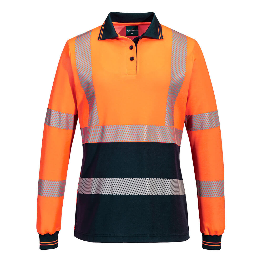 Hi-Vis Women's Cotton Comfort Polo Shirt L/S, Orange/Navy