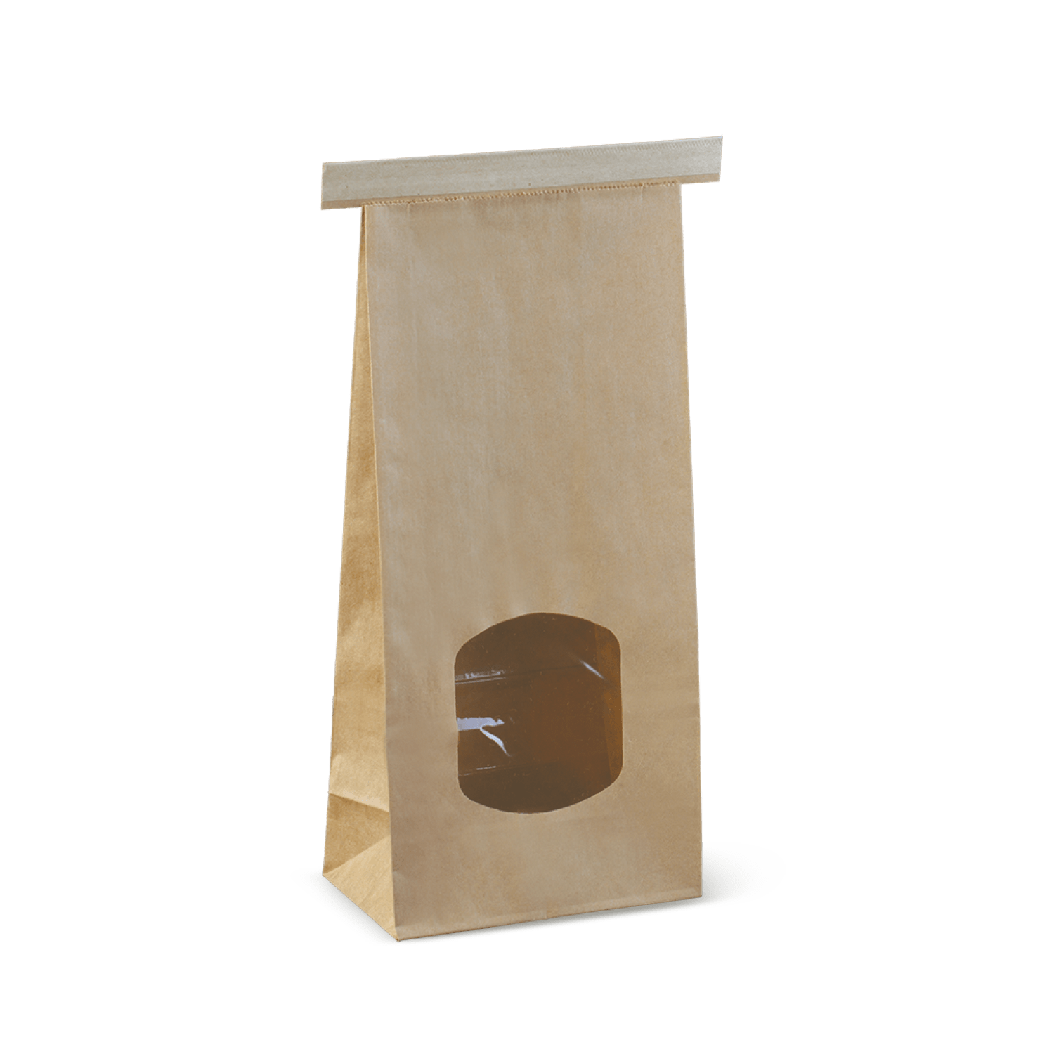 Brown paper bag with clear window and flat top for retail packaging