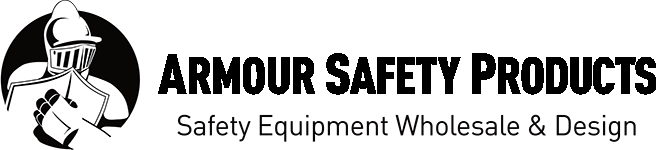 Armour Safety Products logo featuring knight helmet icon, safety equipment wholesale and design