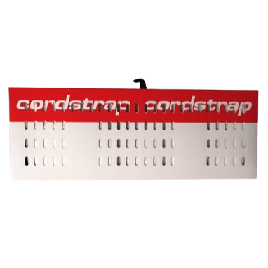 Red and white cord strap packaging with perforated design for secure bundling