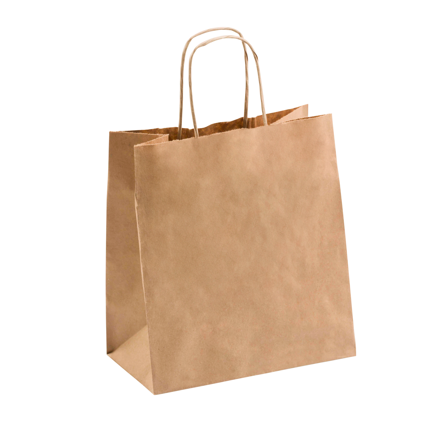 Brown kraft paper shopping bag with twisted handles, ideal for retail packaging and eco-friendly branding.
