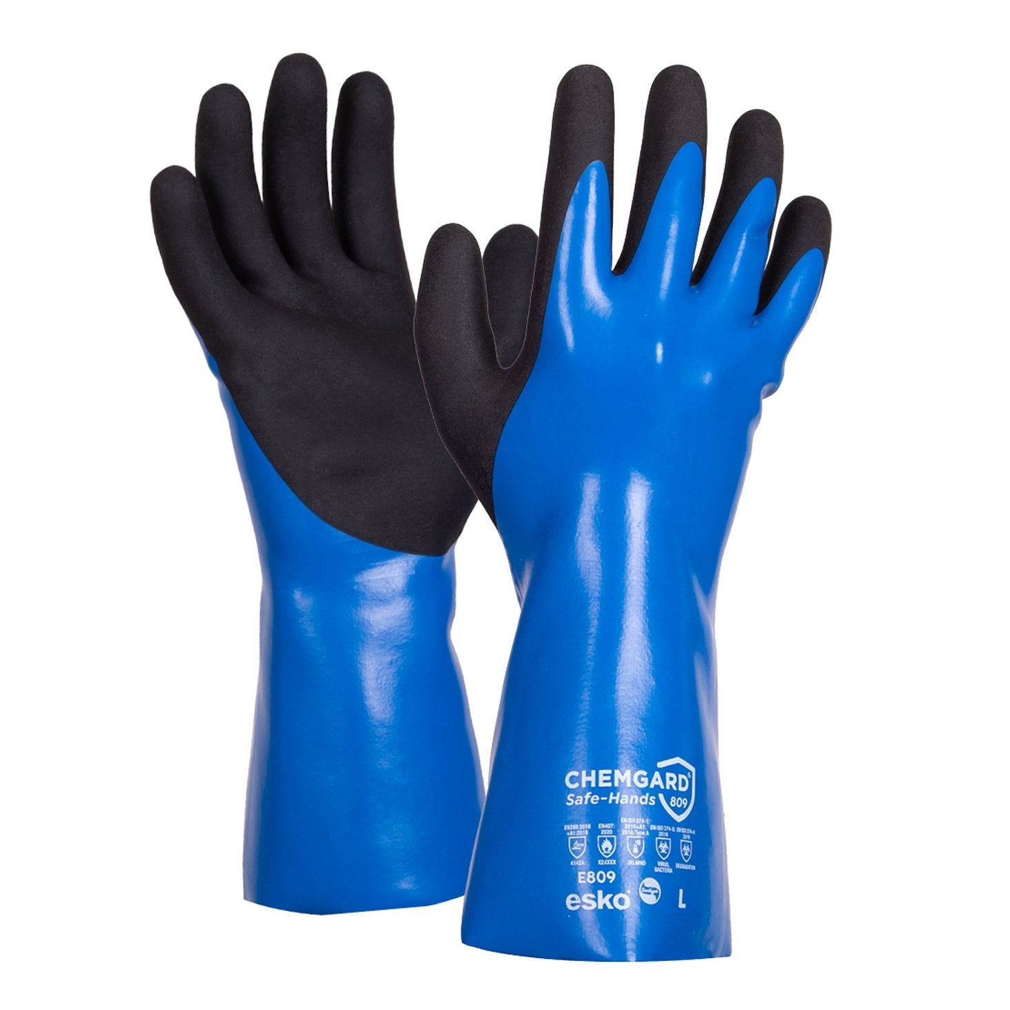 Blue Chemgard Double-Dipped Nbr 30cm Gauntlet Glove, Black Micro-Foam Palm Dip, 15gg Nylon Sanitised Liner - NZ Packaging