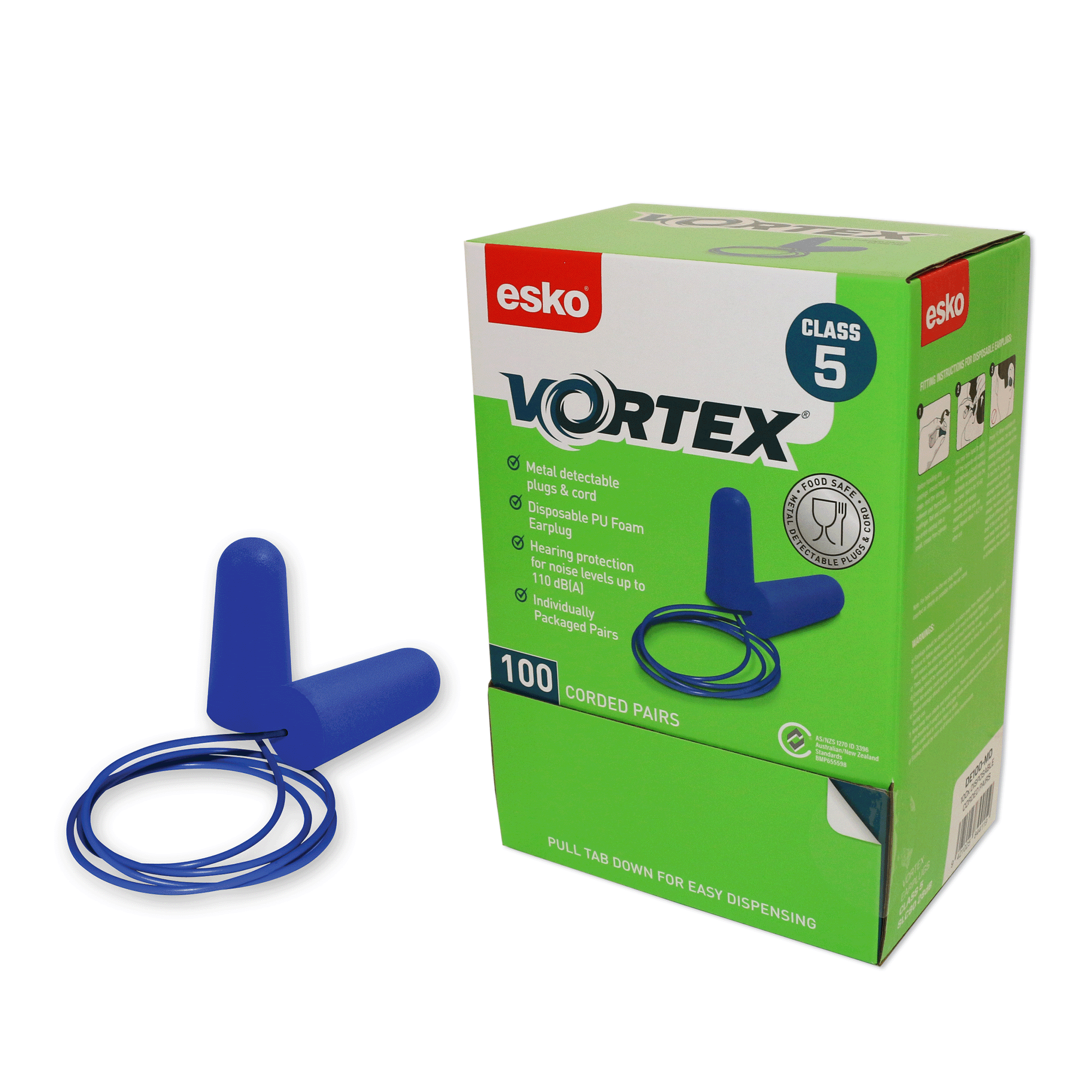 Blue Vortex Fully Metal Detectable Earplugs 28db, Box 100 Pairs - NZ Packaging
