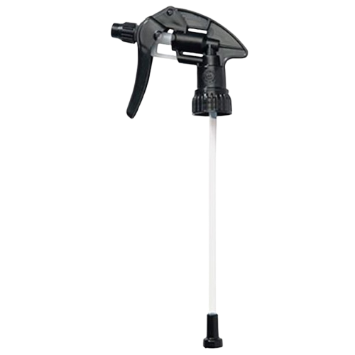 Black trigger spray nozzle with clear tube for cleaning or packaging use