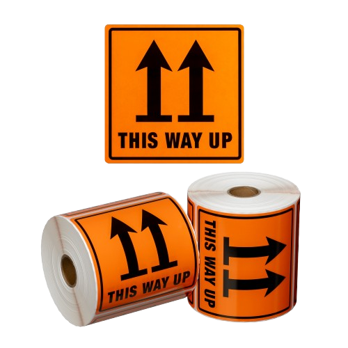This Way Up Label, Orange and Black, 99mm x 99mm