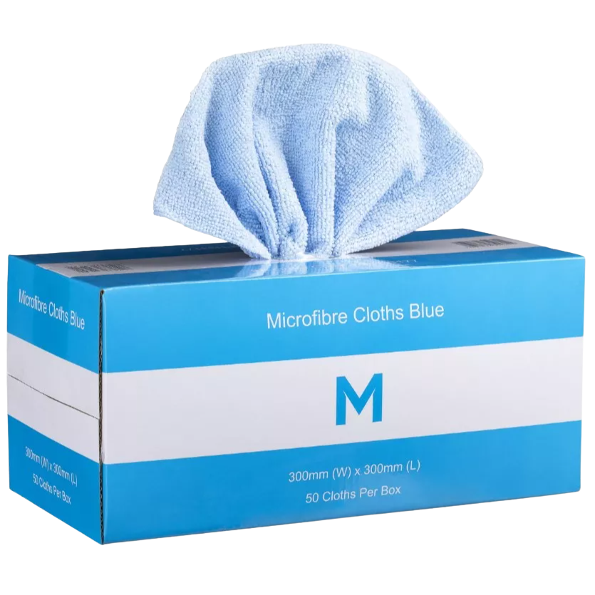 Blue microfibre cloths in dispenser box, 300mm x 300mm, 50 per pack for cleaning & maintenance