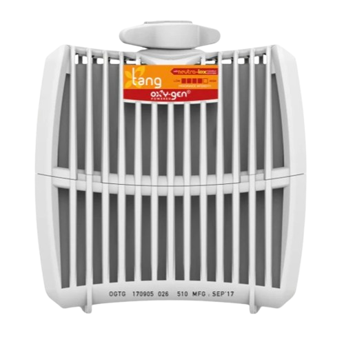 Tang Oxy-Gen air freshener cartridge for commercial use, white plastic design with vented grille