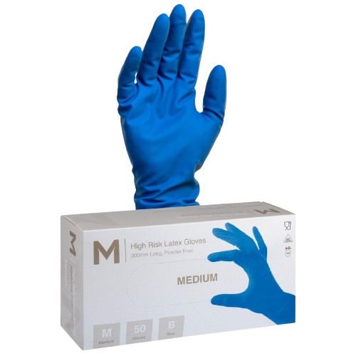 High Risk Disposable Latex Gloves, Heavy Duty , Blue, Medium, 300mm (50)