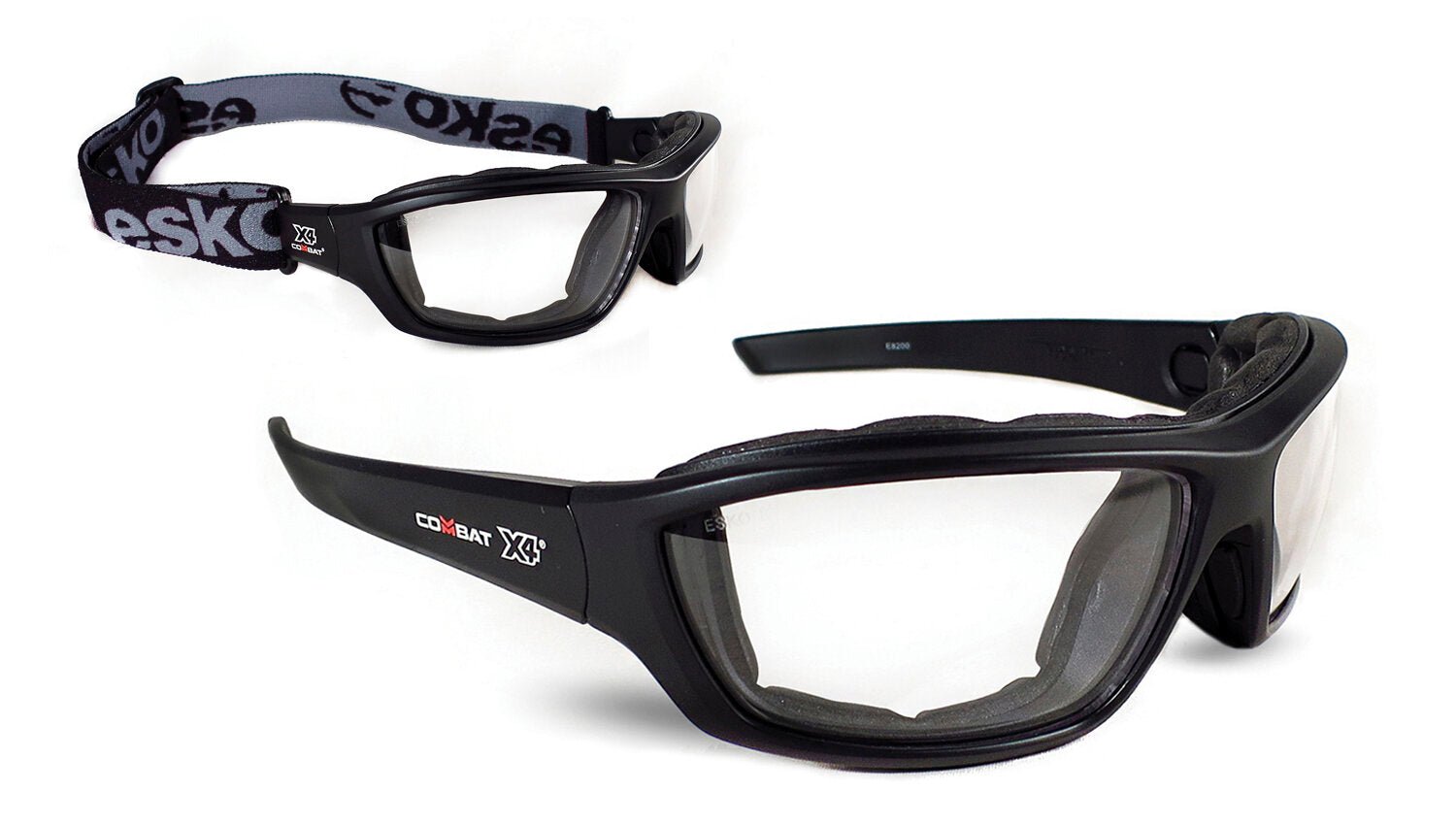 Esko Combat X4 Safety Eyewear, Foam Bound With High Impact Rating, A/F & A/S Coating, With Removable Temples And Elastic Head Strap, Clear Lens - NZ Packaging