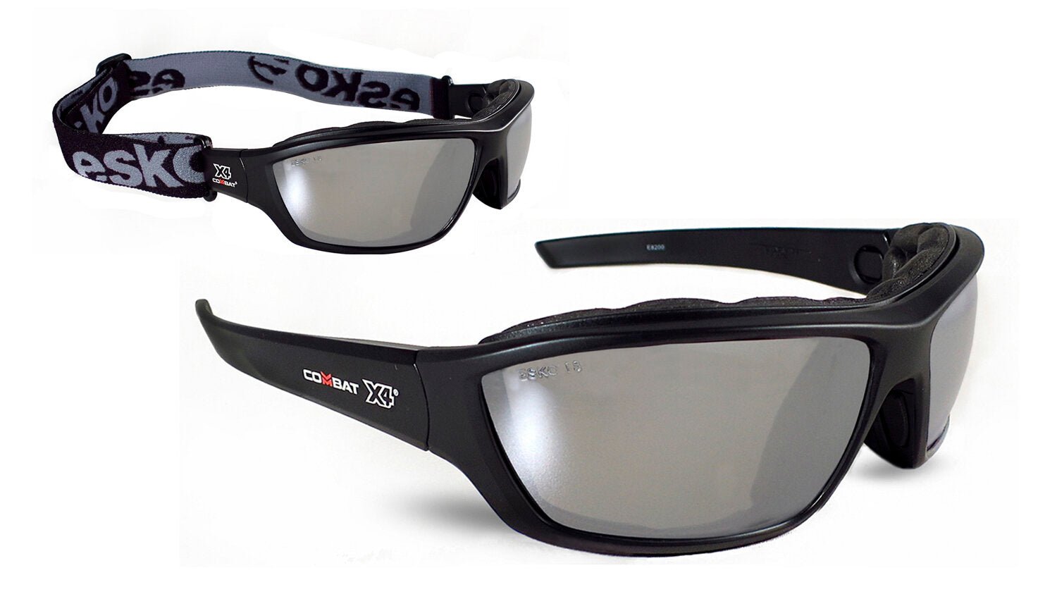 Esko Combat X4 Safety Eyewear, Foam Bound With High Impact Rating, A/F & A/S Coating, With Removable Temples And Elastic Head Strap, Smoke With Silver Mirror Lens. Shade 3 - NZ Packaging