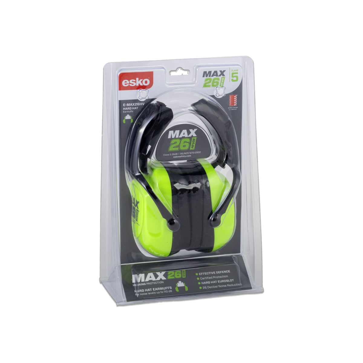 Esko Max26hv High Vis Cap-Attach Earmuffs Class 5 26db, As/Nzs 1270:2002 - NZ Packaging