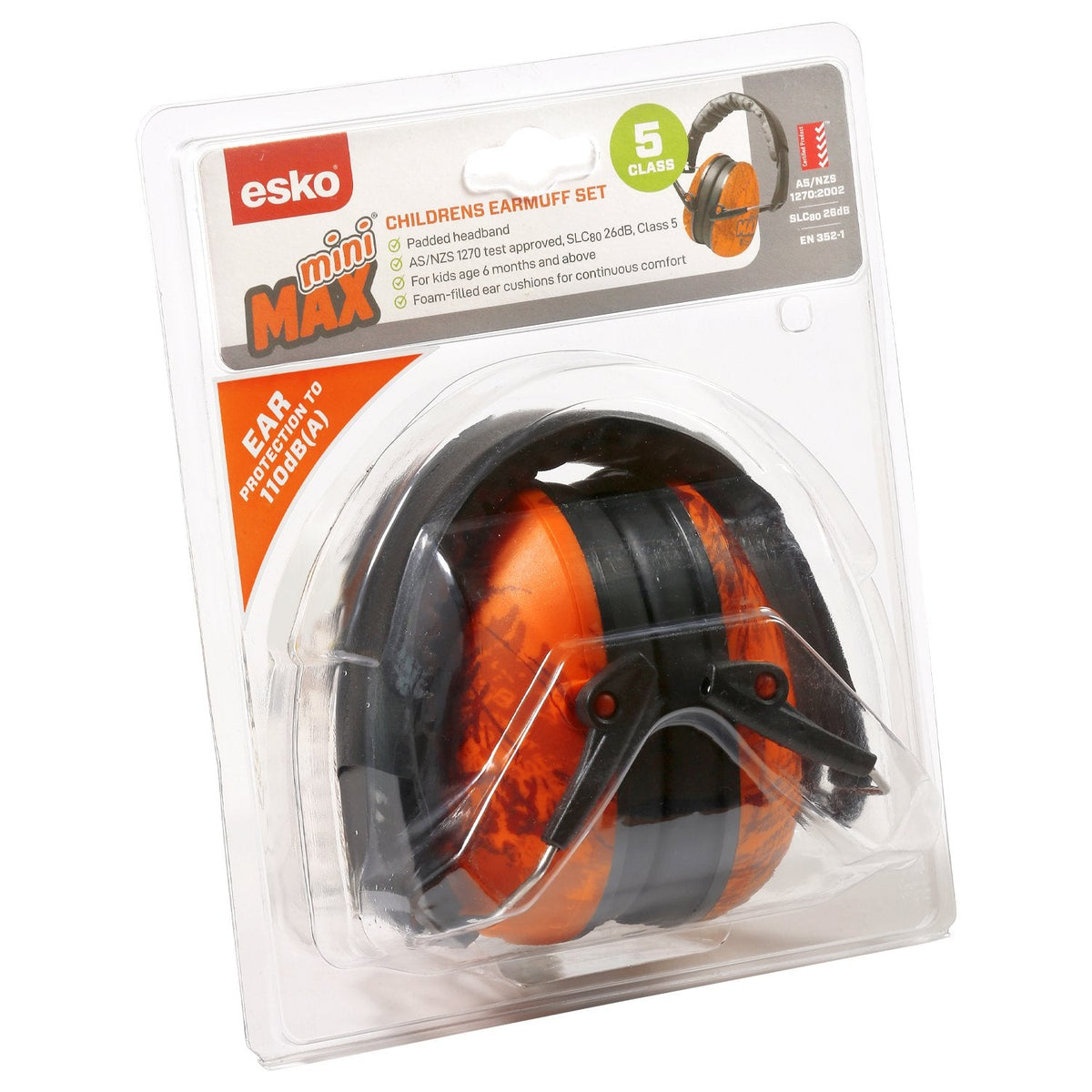 Esko Minimax Kid's Earmuff Class 5, 26db, As/Nzs 1270:2002 - Orange Camo - NZ Packaging