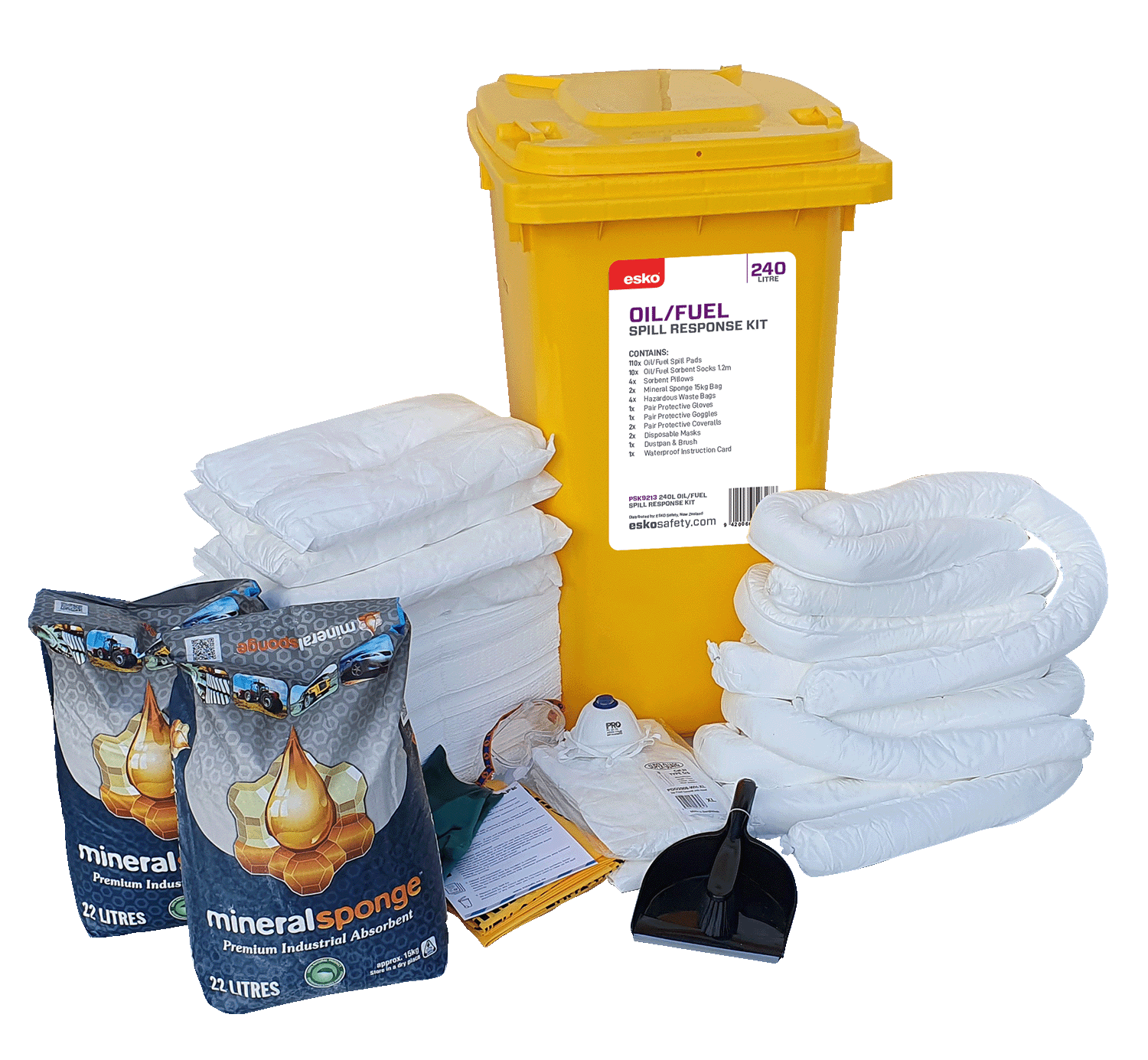 Esko - Oil/Fuel Spill Kit - 240l Mobile (Wheelie Bin) Yellow - NZ Packaging