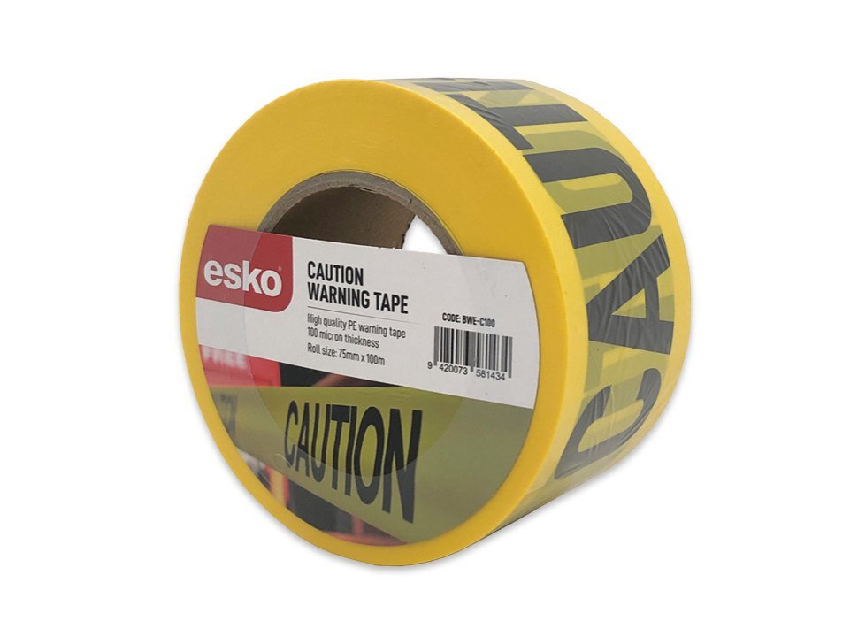 Esko Warning Tape - Caution 75mm X 100m, 100 Micron (Yellow/Black) - NZ Packaging