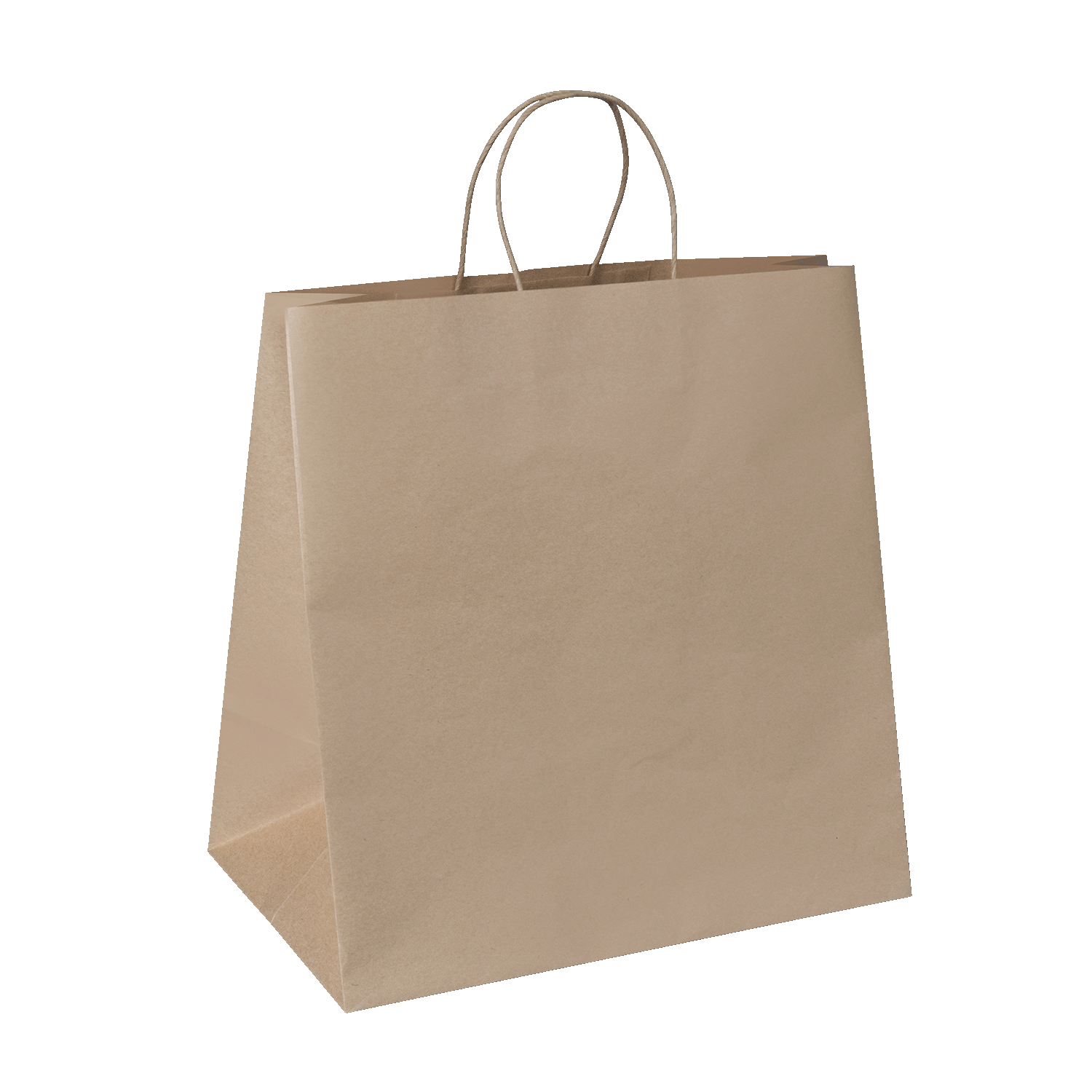 Brown paper shopping bag with twisted handles, ideal for retail packaging and eco-friendly business supplies.
