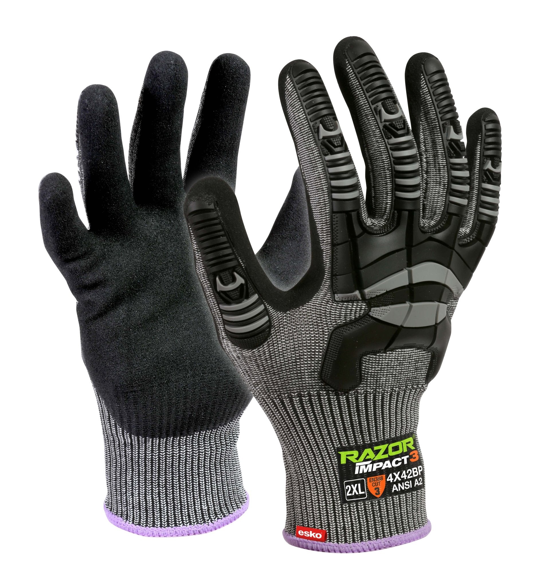 Grey Razor Impact3, Uhmwpe Cut Level B, Black Sandy Nitrile Coating, Sonic Welded Tpr Impact Protection - NZ Packaging