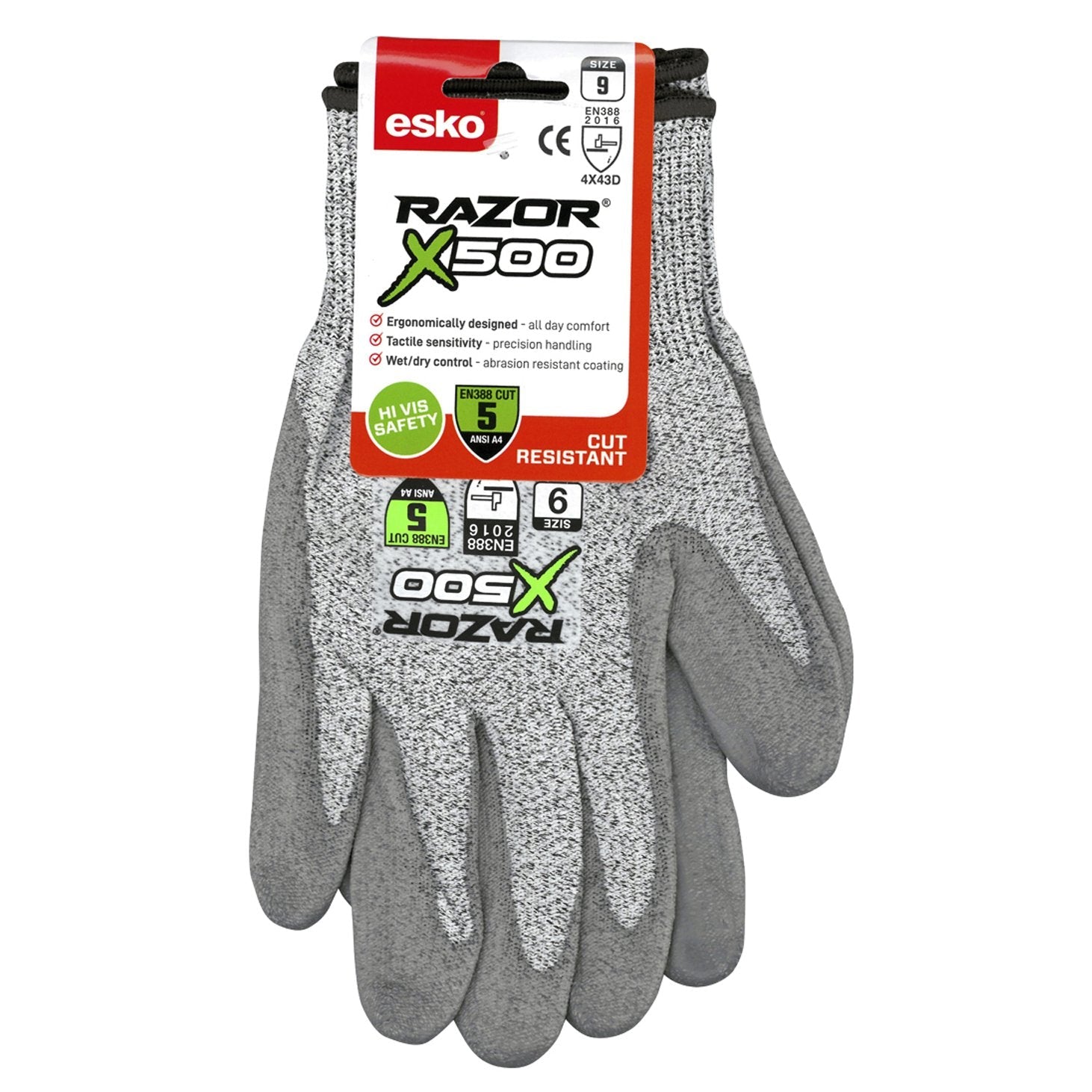Grey Razor X500 Glove, Uhmwpe Cut Level 5, Grey Pu Coating, Header Carded - NZ Packaging