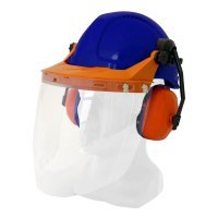 Hard Hat Clear Visor Combo Including Blue Ratchet Hard Hat, Ear Muffs, Browguard Attachment, And Clear Visor - NZ Packaging