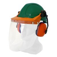 Hard Hat Clear Visor Combo Including Green Ratchet Hard Hat, Ear Muffs, Browguard Attachment, And Clear Visor - NZ Packaging