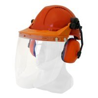 Hard Hat Clear Visor Combo Including Neon Orange Ratchet Hard Hat, Ear Muffs, Browguard Attachment, And Clear Visor - NZ Packaging