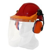 Hard Hat Clear Visor Combo Including Red Ratchet Hard Hat, Ear Muffs, Browguard Attachment, And Clear Visor - NZ Packaging