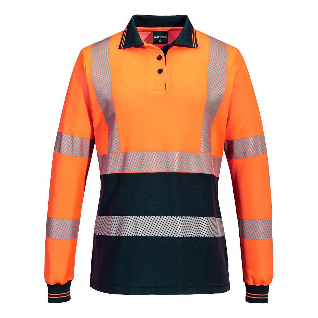 Hi-Vis Women's Cotton Comfort Polo Shirt L/S, Orange/Navy - NZ Packaging