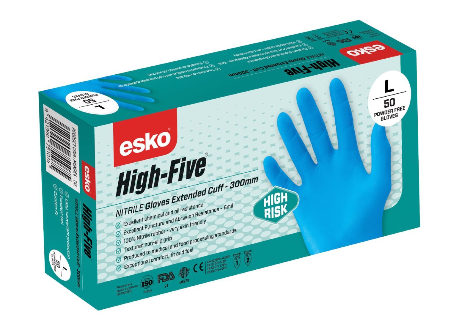High Five, 6 Mil High Risk, Light Blue Nitrile Disposable Gloves, Box 50 - NZ Packaging