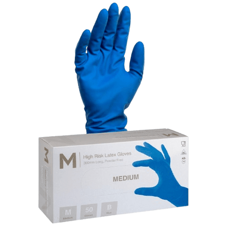 High Risk Disposable Latex Gloves, Heavy Duty , Blue, Medium, 300mm (50) - NZ Packaging