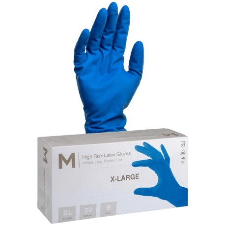 High Risk Disposable Latex Gloves, Heavy Duty , Blue, XL, 300mm (50) - NZ Packaging