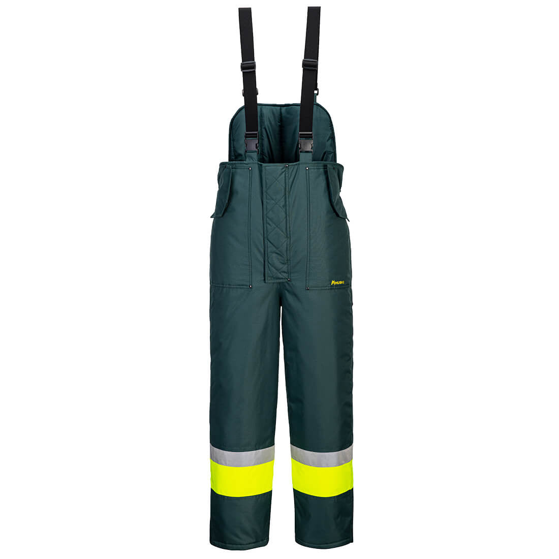 Huski Hi-Vis Contrast Freezer Bib and Brace, Yellow/Forest Green - NZ Packaging