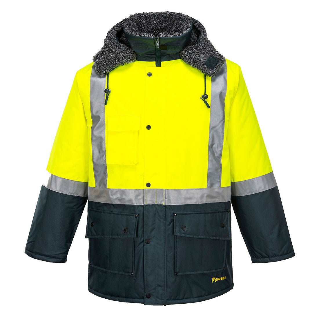 Huski Hi-Vis Contrast Freezer Jacket, Yellow/Forest Green - NZ Packaging